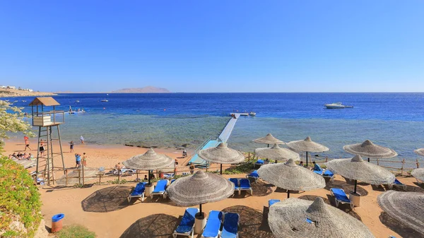 Sharm Sheikh Egypt February 2017 Beach Sun Loungers Parasols Sharm — Stock Photo, Image