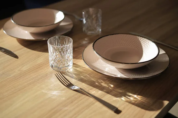 Glass Plates Wooden Dining Table — 스톡 사진