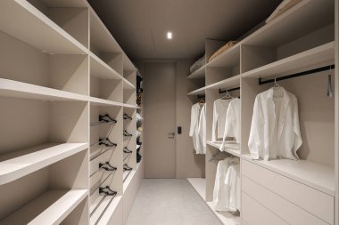 Inside empty dressing room interior with shelves