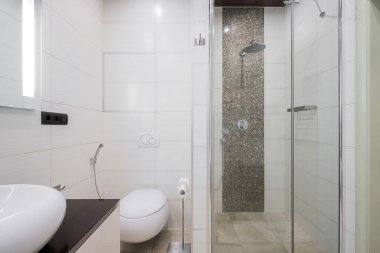 Banyonun içinde duş kabini ve beyaz tuvalet var.
