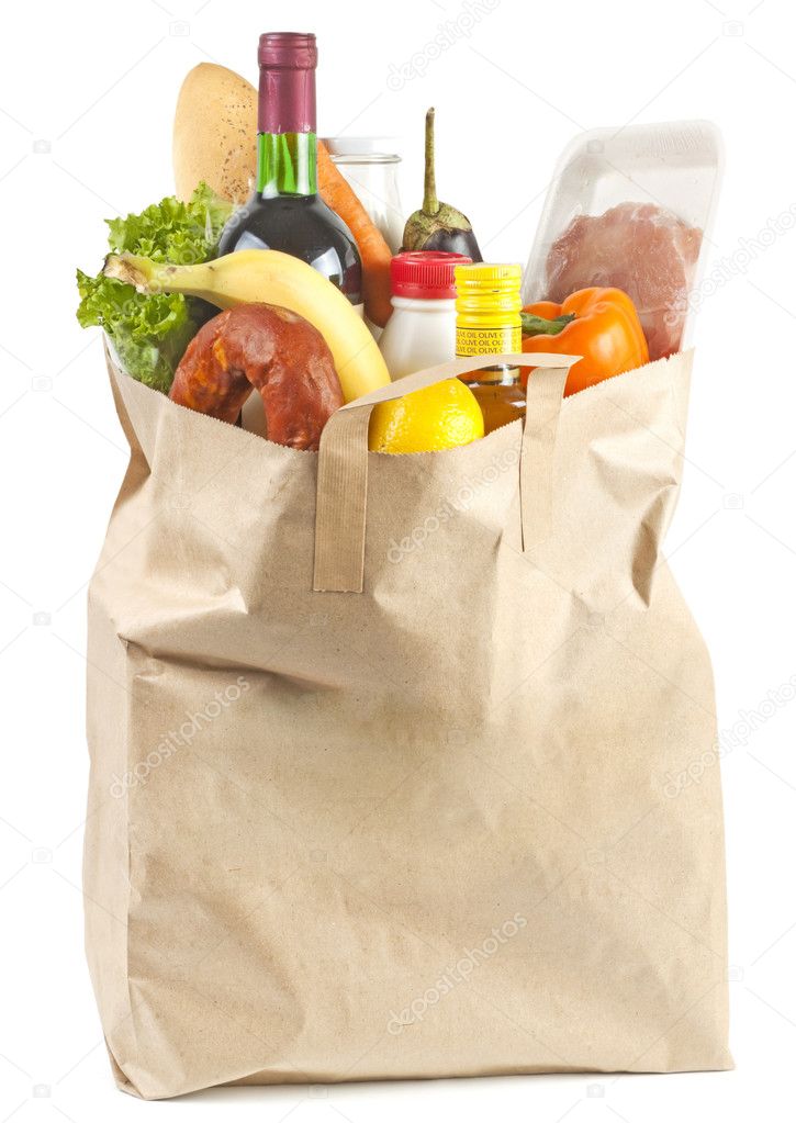 Paper bag with food on a white background