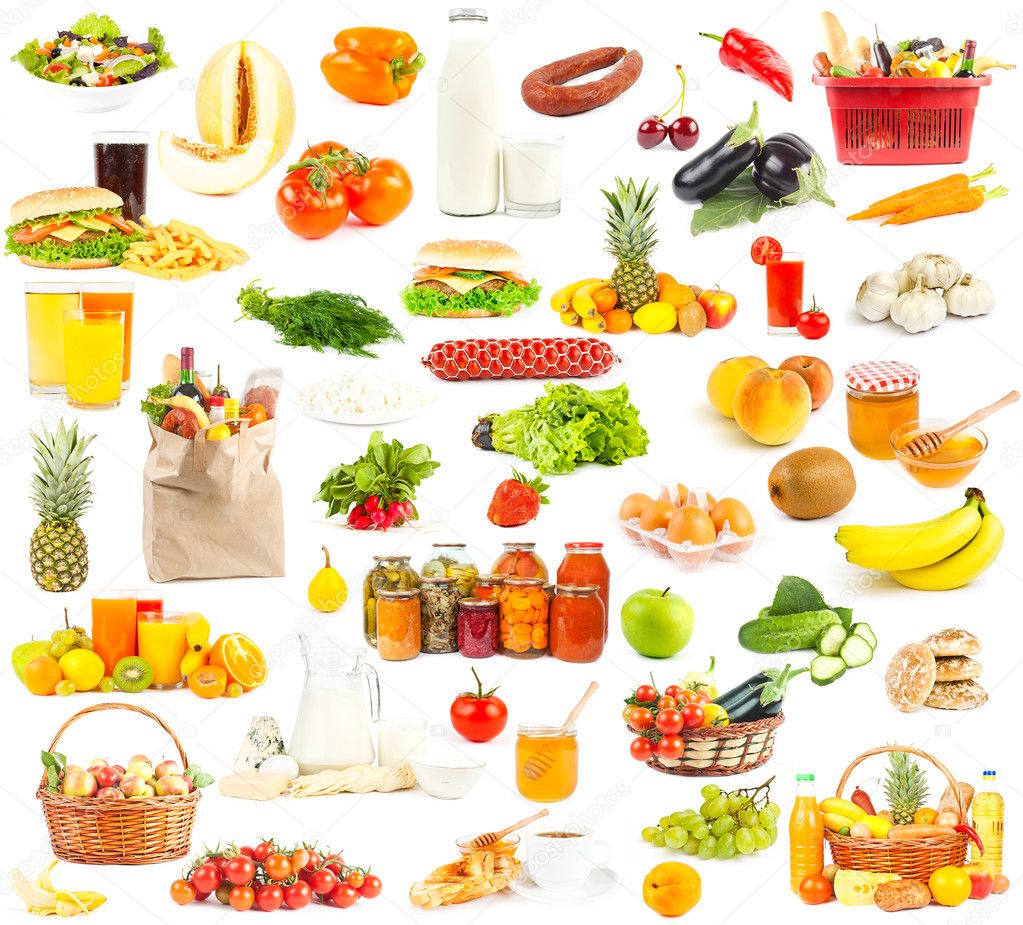 Set of food and drinks on white background
