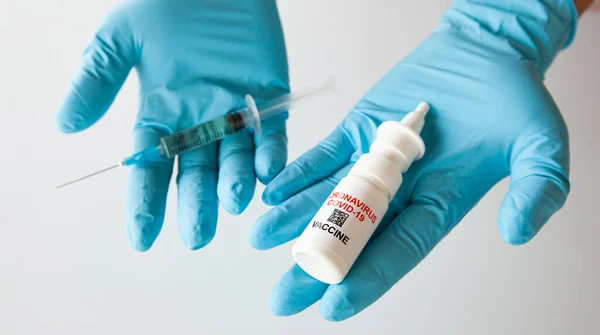 Intranasal Liquid Covid Vaccine Nurse Hand — Stock Photo, Image