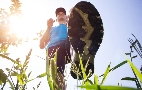 Close View Runner Shoes Who Running Countryside — Stock Photo, Image