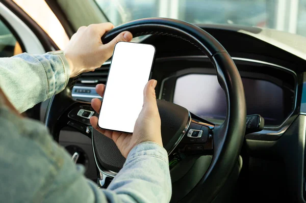 Woman Sitting Car Holding Smartphone Blank White Screen — Foto Stock