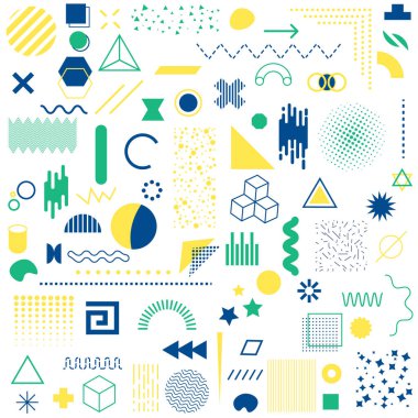 Bir sürü vektör geometrik şekil. Memphis modayı takip eden grafik elementler. Projen için şablon, reklam, afiş, poster, tişört.