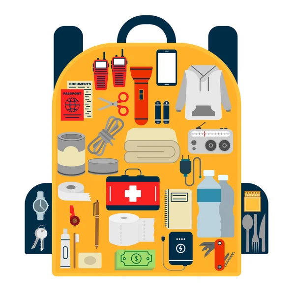 Rucksack Mit Gegenständen Aus Survival Kit Survival Notfallset Für Evakuierung — Stockvektor
