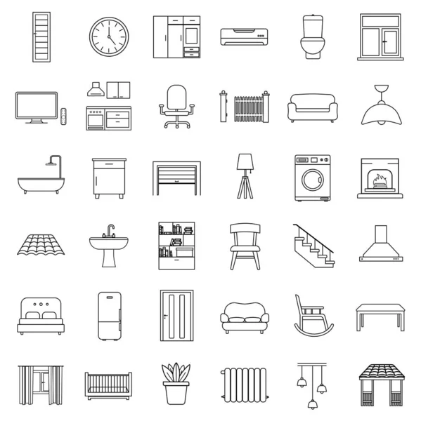 House Modern Interior Indoor Outdoor Furniture Linear Icons Set — Stock Vector