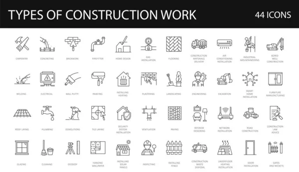 Set Line Icons Related Different Types Construction Works Kinds Building — Stock Vector