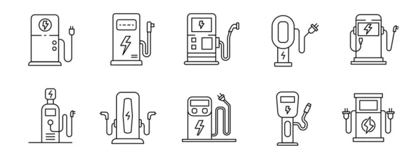 Set Estaciones Carga Diferentes Para Coche Eléctrico Colección Iconos Trazo — Archivo Imágenes Vectoriales