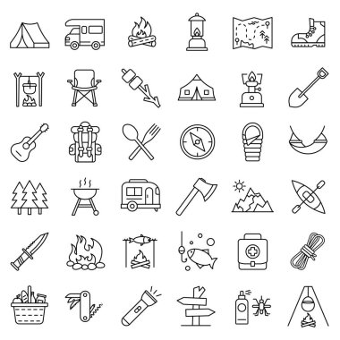 Vektör kamp ikonları. Kamp, tatil, turizm, yürüyüş, seyahat. İnce çizgi ağ simgesi seti. Basit vektör illüstrasyonu.
