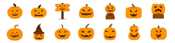 Set Facce Zucca Jack Lanterna Halloween Icona Stile Riempimento Giallo — Vettoriale Stock