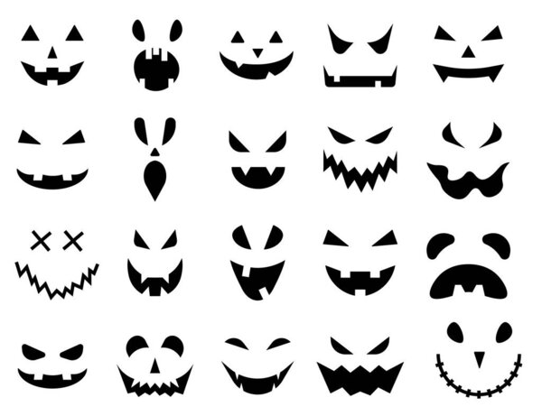 set of 20 silhouettes halloween monster jack lantern pumpkin carved glowing scary face. Design for the holiday Halloween. Vector illustration.