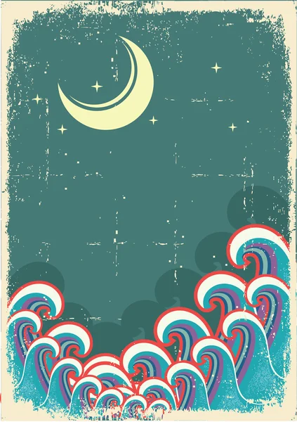 矢量 grunge 插画与月亮和海上的波浪 — 图库矢量图片
