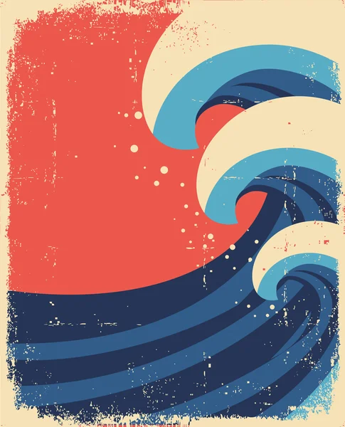 Sea waves poster.Grunge illustration of sea landscape. — Stock Vector