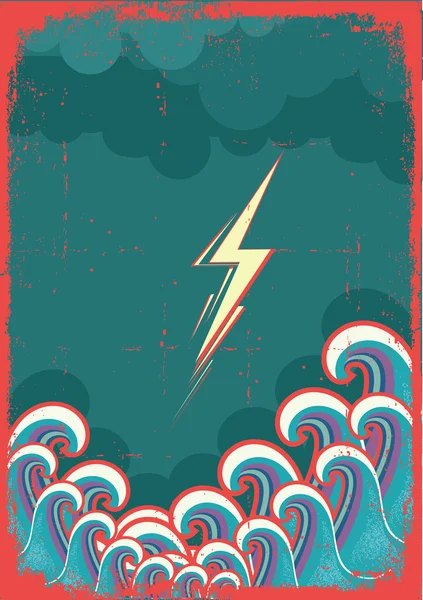 Storm in ocean with waves and lightning.Vector grunge image — Stock Vector