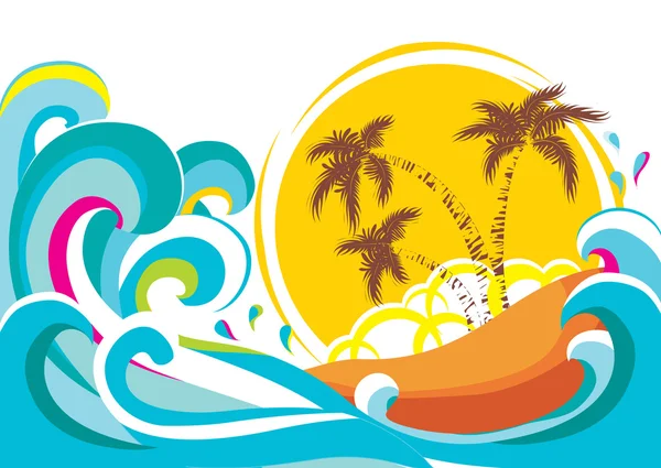 Vector tropical island with waves background — Stock Vector