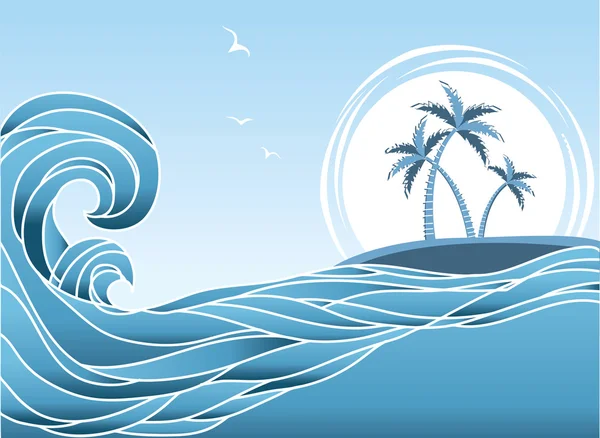 熱帯の島および palms.waves の背景を持つ海の地平線 — ストックベクタ