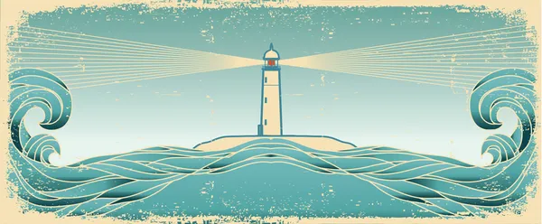 Ορίζοντα του μπλε της θάλασσας. διανυσματική εικόνα grunge με lighthous σε παλιό — Διανυσματικό Αρχείο