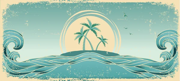 Horizonte azul del paisaje marino. Imagen de grunge vectorial con palmeras tropicales o — Vector de stock