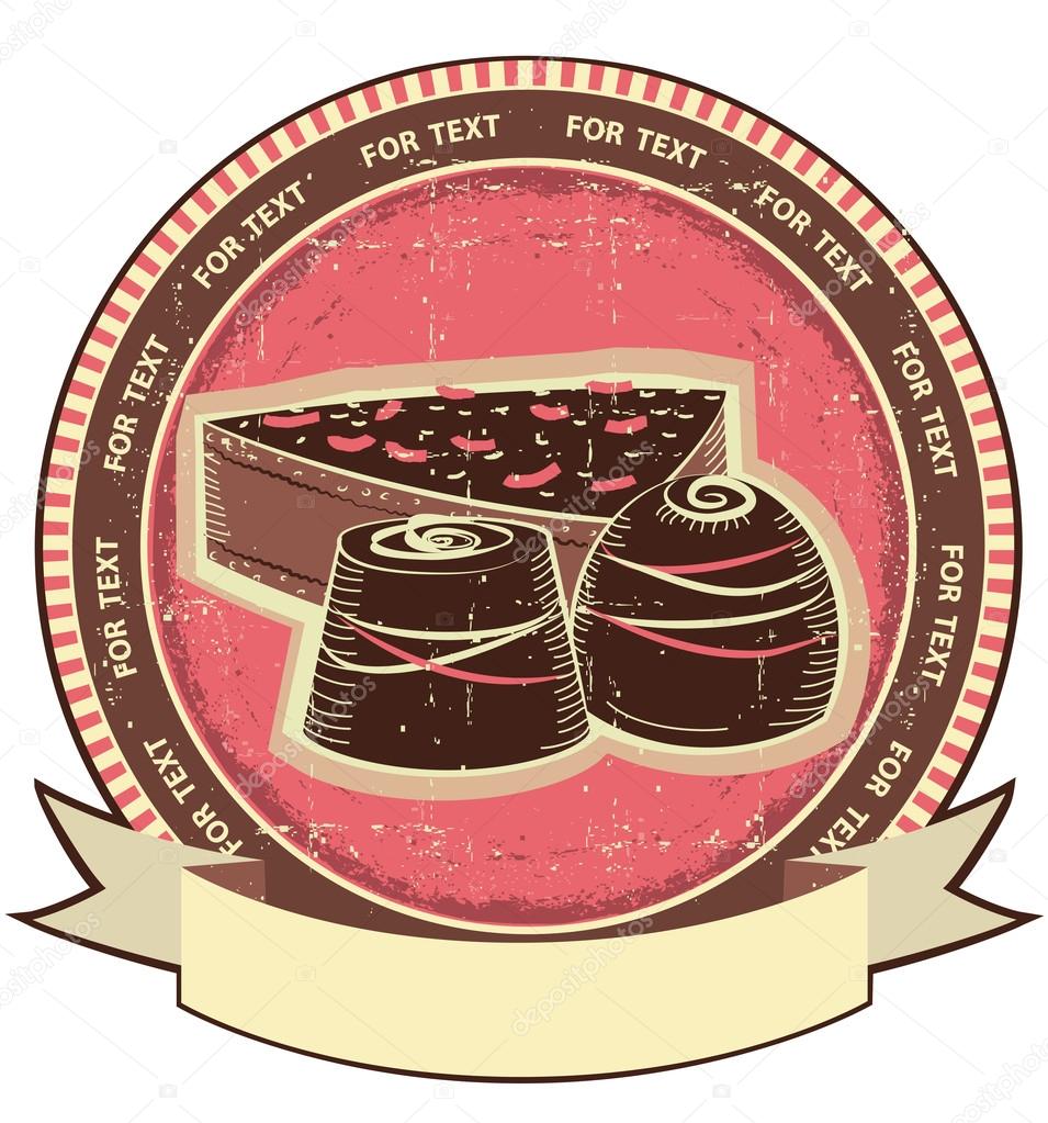 Chocolate sweets on old label.Vector vintage background