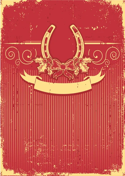 Horseshoe on vintage red christmas background with holly berry d — Stock Vector