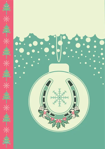 Weihnachtskarte auf Schnee Hintergrund mit Ball und Glück Hufeisen — Stockvektor