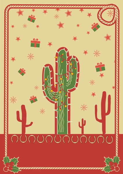 Cartaz de Natal de cowboy com cacto e moldura de corda para texto —  Vetores de Stock