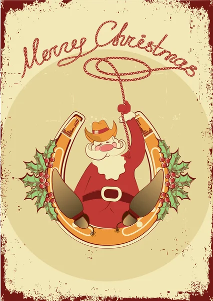 Santa sentarse en herradura con lazo de vaquero en cartel vintage — Archivo Imágenes Vectoriales
