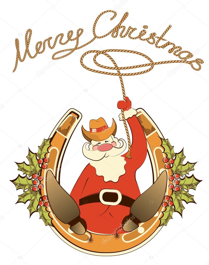 Santa in cowboy shoes and lasso sit on lucky horseshoe.Vector is