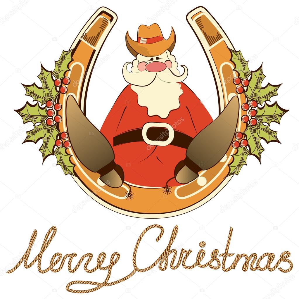 Santa in cowboy shoes sit on lucky horseshoe.Vector isolated on