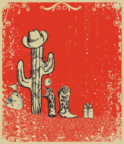 Tarjeta navideña con botas de vaquero y cactus sobre papel grunge viejo — Archivo Imágenes Vectoriales
