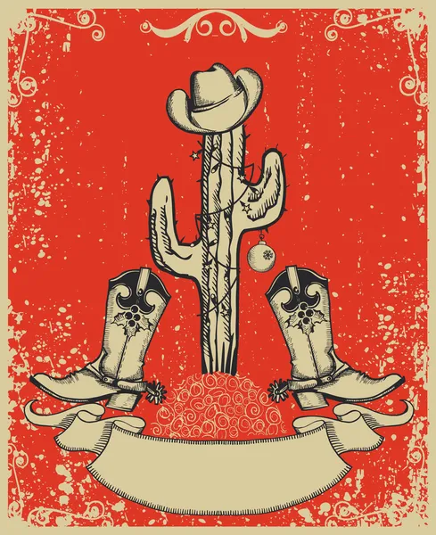 Grunge red christmas card with cowboy boots and cactus on old pa — Stock Vector
