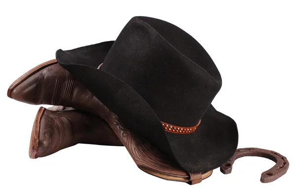 Vestiti da cowboy isolati su stivali white.Western e cappello nero — Foto Stock