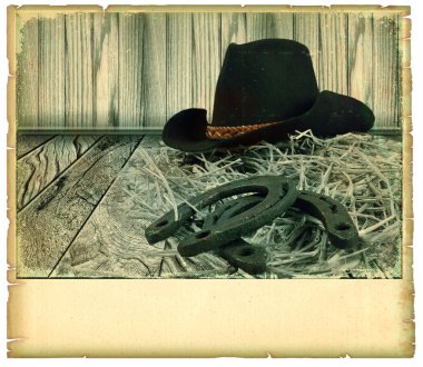 siyah şapka ve vintage eski kağıt üzerinde nal kovboy kartı