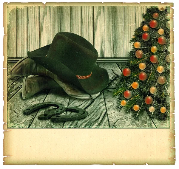 Vintage Cowboy tarjeta de navidad. Fondo americano sobre papel viejo f — Foto de Stock