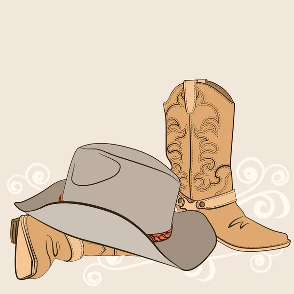 Botas de vaqueiro e chapéu para design.American roupas ocidentais — Vetor de Stock