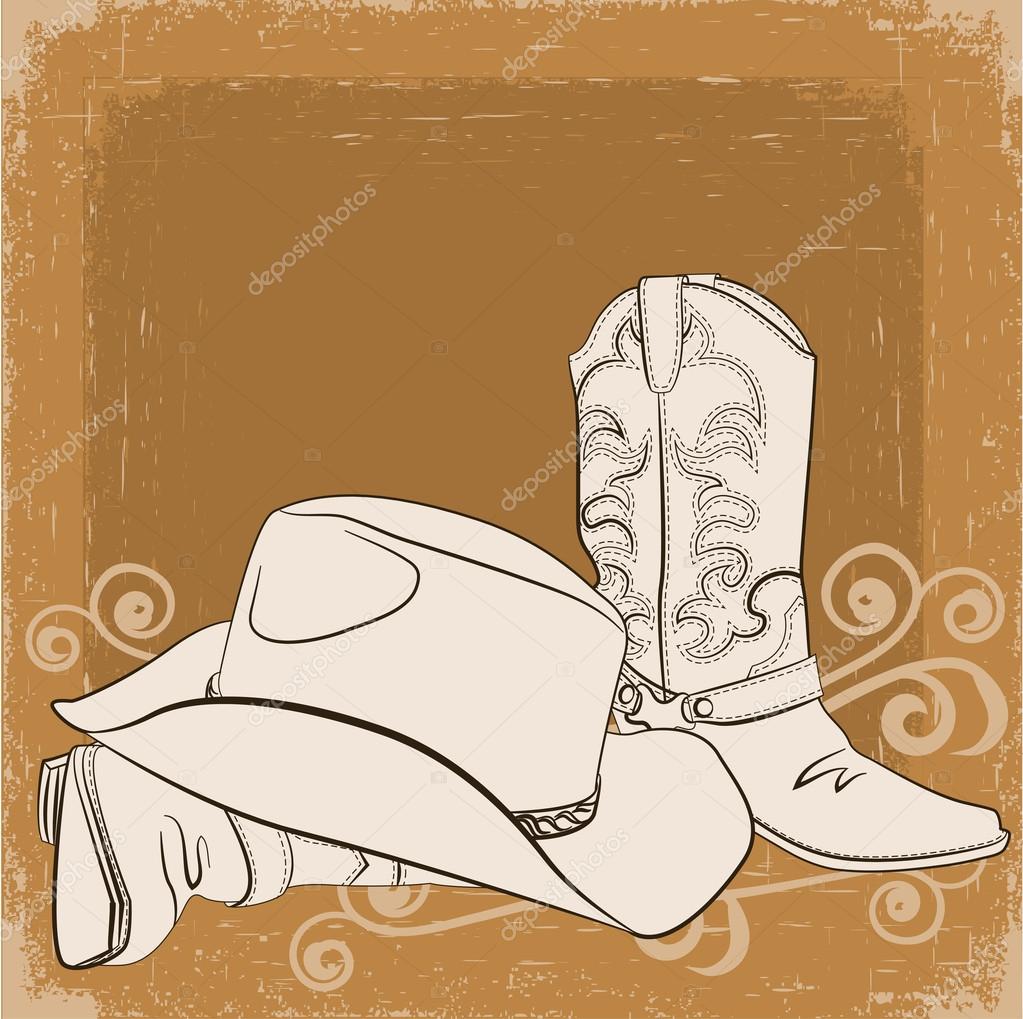 Cowboy boots and hat.Vector grunge background for design