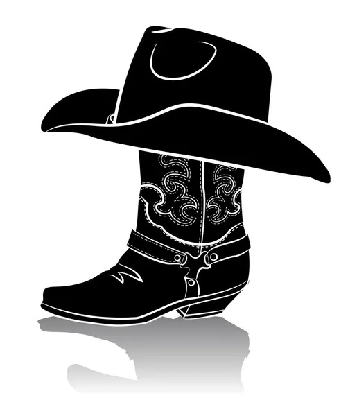Stivale da cowboy e cappello occidentale.Immagine grafica nera su bianco — Vettoriale Stock