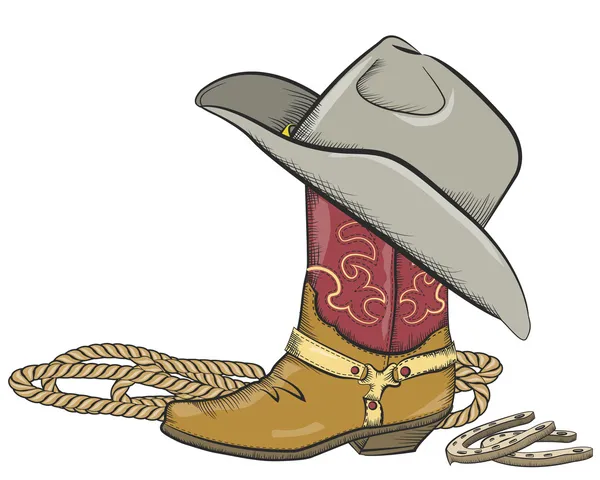 Cowboy boot met westerse hoed geïsoleerd op wit — Stockvector