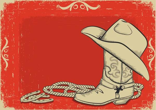 Bota y sombrero vaquero para diseño.Fondo occidental americano rojo — Vector de stock