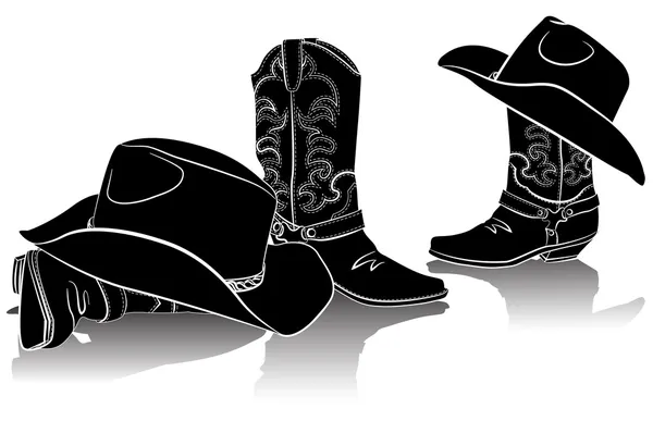 Botas de vaquero y sombreros occidentales.Imagen gráfica negra sobre respaldo blanco — Vector de stock