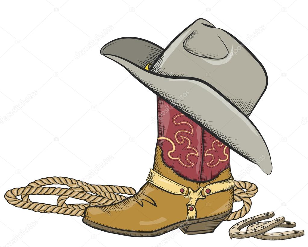 Cowboy boot with western hat isolated on white