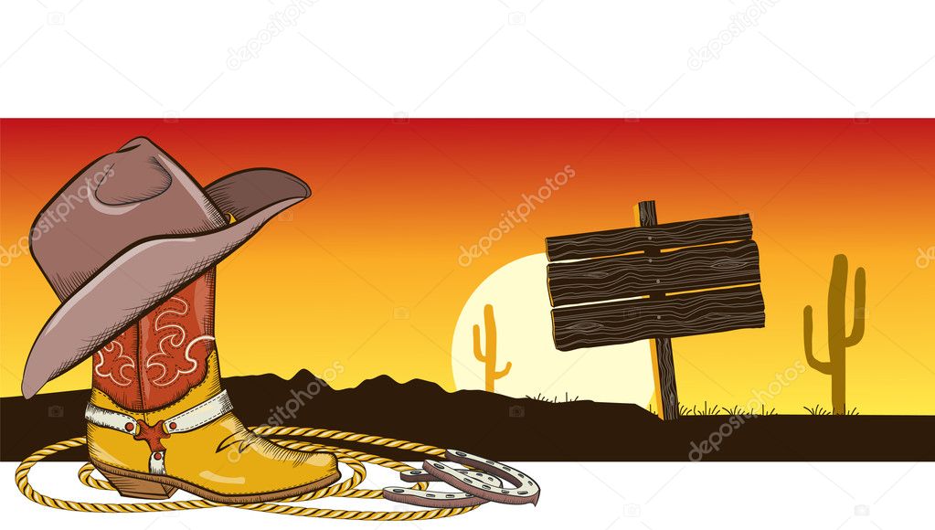 Western image with cowboy clothes and desert landscape