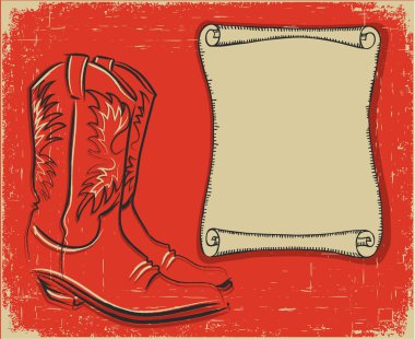 Cowboy boots and scroll paper background for text vector