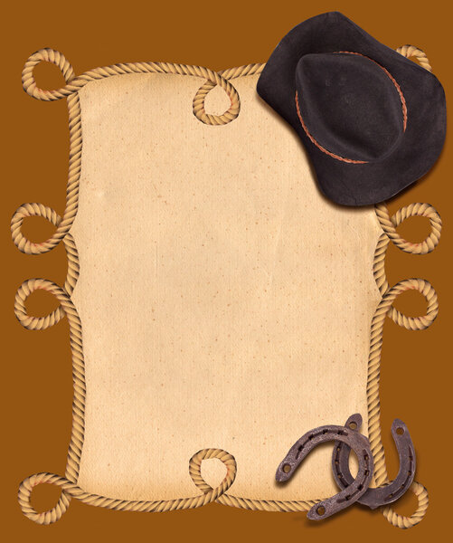 Western background with cowboy hat and horseshoes for text