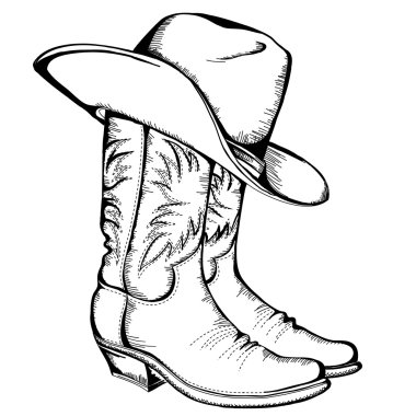 Cowboy boots and hat.Vector color illustration isolated for desi clipart