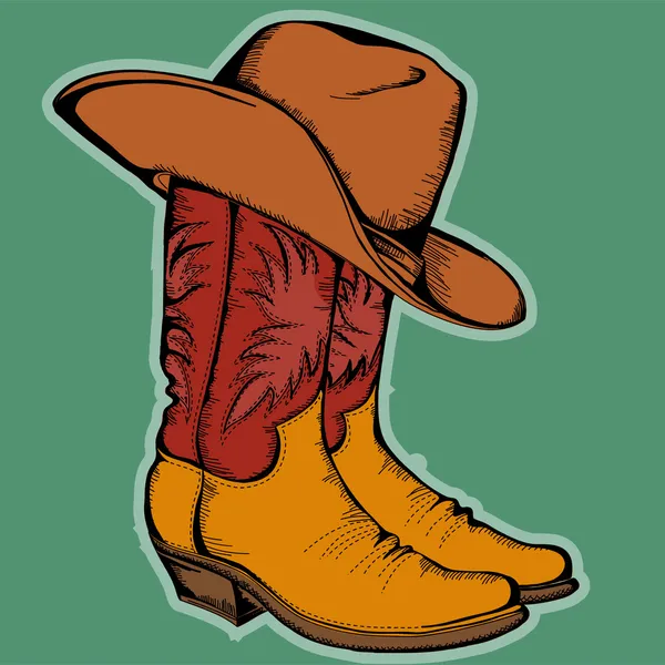 Cowboy boots and hat.Vector color illustration isolated for desi — Stock Vector