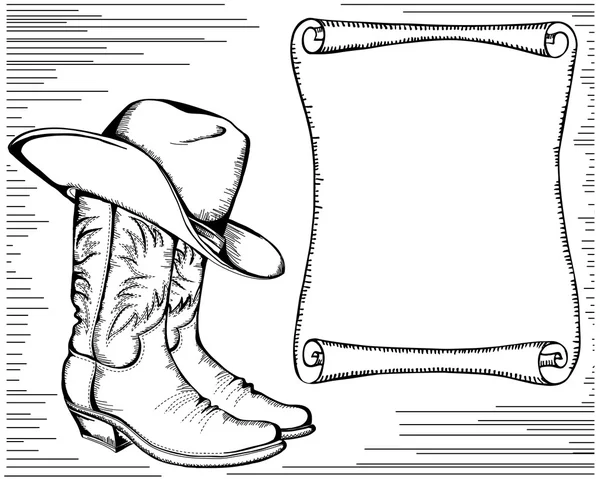 Westerse achtergrond met cowboy laarzen en scroll voor text.graphic — Stockvector