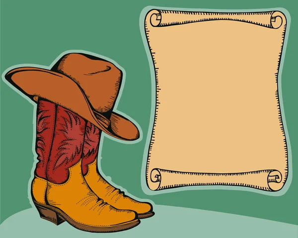Nyugati háttér cowboy csizma és a kalap. Vektor színt szeretnénk — Stock Vector